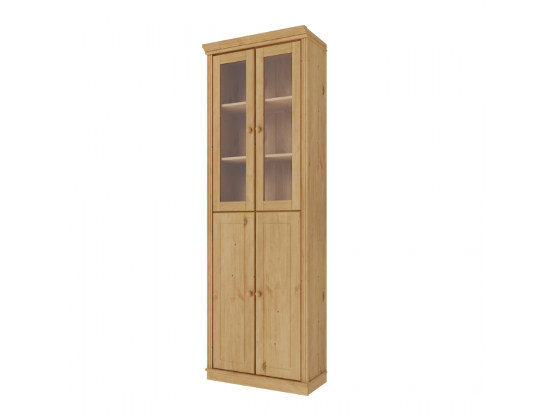 Estante Biblioteca 220 cm com duas portas de madeira e duas portas de vidro no acabamento em cera natural com o toque acetinado | Coleção Biblioteca